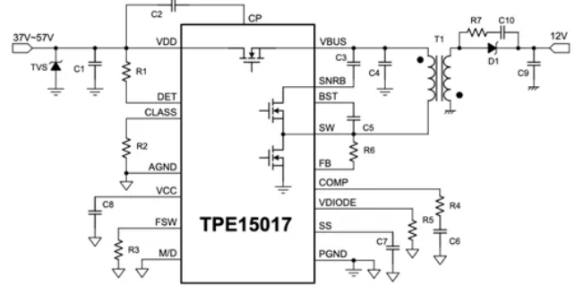 思瑞浦推出兼容IEEE 802.3 af的高集成度、有源钳位反激PoE PD单芯片TPE15017