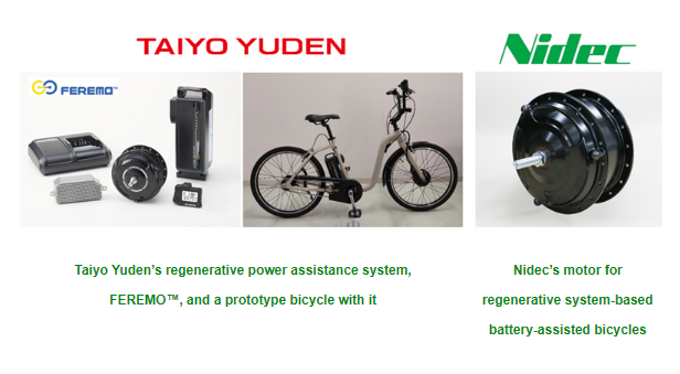 Nidec’s Motor for Battery-assisted Bicycles is Adopted for Use in Taiyo Yuden’s Regenerative System that Keeps Them Running for 1,000km per Charge
