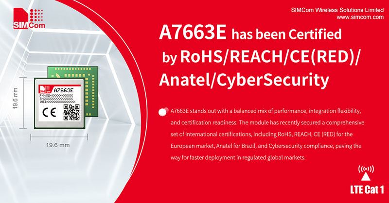 <span style='color:red'>SIMCom</span>：A7663E Achieves Key Global Certifications, Enabling Scalable 4G IoT Deployments