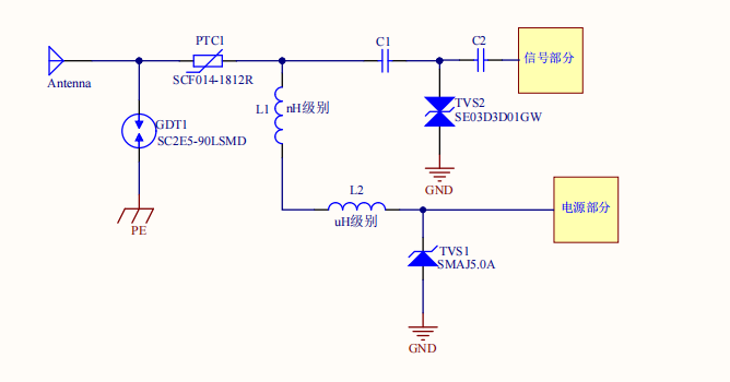硕凯电子SOCAY陶瓷气体放电管产品SC2E5-90LSMD用于GPS天线端口浪涌防护方案