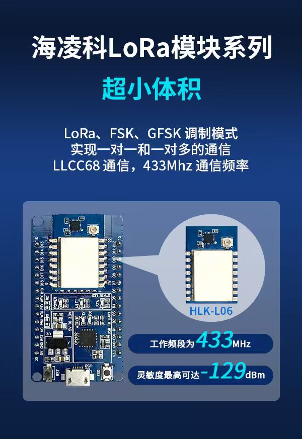 海凌科LLCC68芯片LoRa模块HLK-L06 3km远距离通信