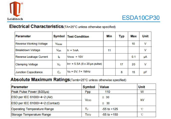 上海雷卯丨ESDA10CP30 静电保护二极管深度解析——9V-10V接口防护小封装优选方案