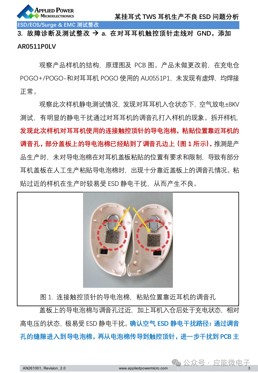 某挂耳式TWS耳机生产不良ESD问题分析