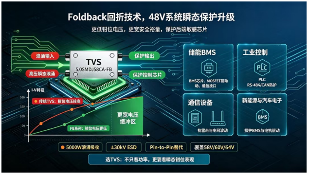 上海雷卯丨48V储能系统BMS芯片总被烧? 这款低钳位TVS是破局关键—5.0SMDJ58CA-FB 上海雷卯丨48V储能系统BMS芯片总被烧? 这款低钳位TVS是破局关键—5.0SMDJ58CA-FB